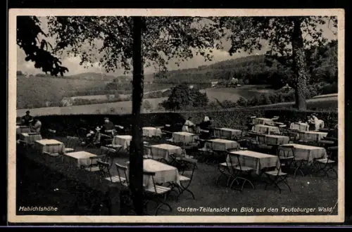 AK Bielefeld, Waldgasthaus Habichtshöhe, Garten-Teilansicht mit Blick auf den Tuetoburger Wald