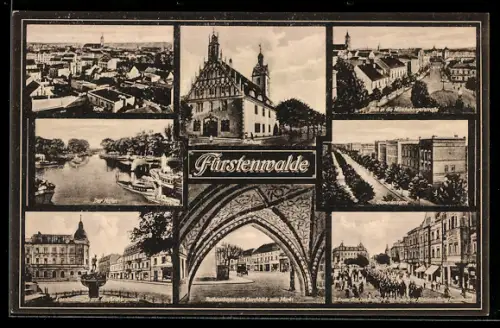 AK Fürstenwalde, Panorama, Hafen, Rathausbogen, Ulanenkaserne & Münchebergerstrasse