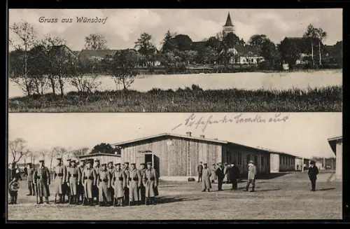 AK Wünsdorf, Panorama und Soldaten im Barackenlager