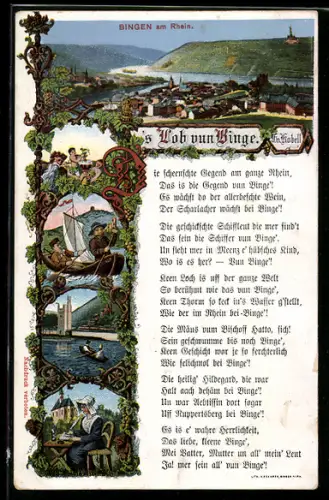 Lithographie Bingen am Rhein, Rheinpanorama, Schifffahrt, Niederwalddenkmal