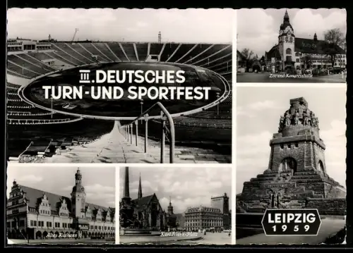 AK Leipzig, III. Deutsches Turn- und Sportfest 1959, Völkerschlachtdenkmal, Altes Rathaus, Karl-Marx-Platz