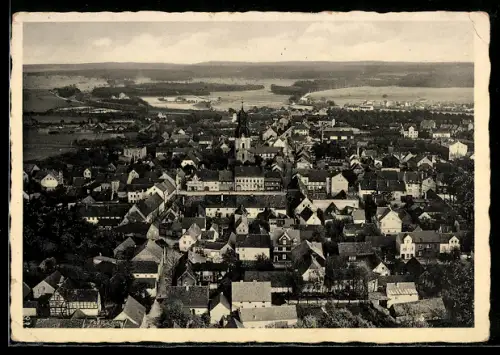 AK Ruhland, Stadtansicht mit Kirche und umliegender Landschaft