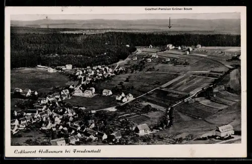 AK Hallwangen bei Freudenstadt, Ortsansicht mit Fernblick auf Gasthof-Pension Grüner Baum, Bes. O. Gaiser
