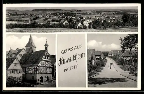 AK Schwaikheim /Württ., Totalansicht des Ortes, Strassenpartie mit Wohnhäusern, Fachwerkhaus