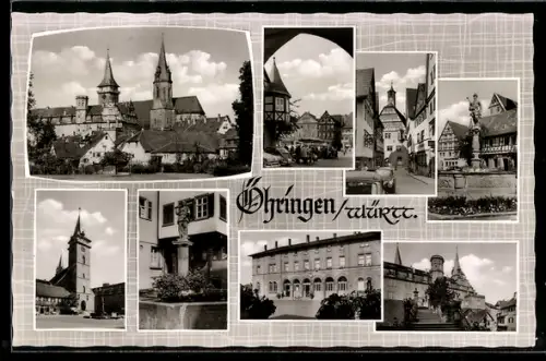 AK Öhringen /Württ., Blick auf die Kirche, Strassenpartie mit Fachwerkhäusern