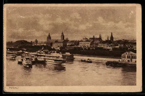AK Mainz, Partie am Ortsrand mit Hafen, Dampfer, Kirchen