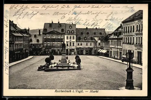 AK Reichenbach i. Vogtl., Markt mit Denkmal, Museum, Uhrensäule