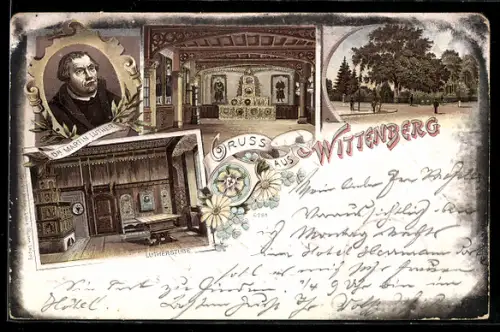 Lithographie Wittenberg, Lutherstube, Dr. Martin Luther, Innenansicht Museum