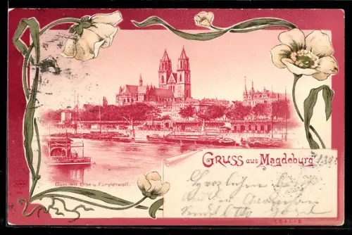 Lithographie Magdeburg, Dom mit Elbe und Fürstenwall, Blumen-Passepartout