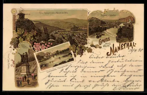 Lithographie Ebernburg, Nahethal u. Rotenfels, Eisenbahnbrücke u. Rheingrafenstein, Brückenhäuser, Landschaftspanorama