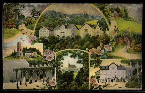 Lithographie Gleesberg, Schloss, Kirche, Aussichtsturm