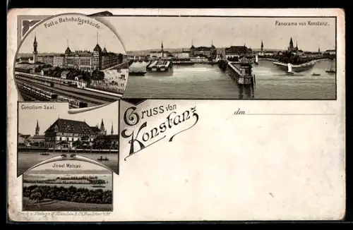 Lithographie Konstanz, Post u. Bahnhof, Panorama mit Hafen, Concilium Saal und Insel Mainau