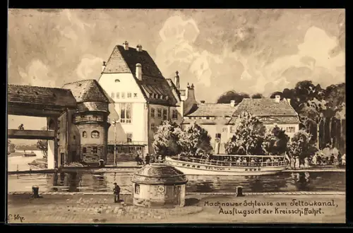 AK Klein-Machnow, Schleuse am Teltowkanal mit Dampfer Teltow