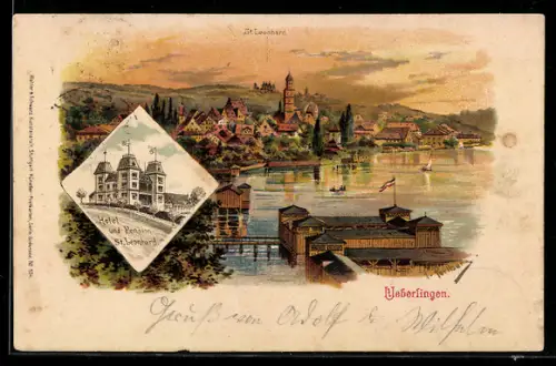Lithographie Ueberlingen, Ortsansicht mit Pfahlbauten, Aufgang zum Schloss