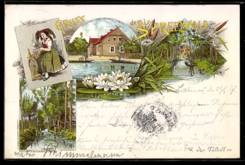 Lithographie Lübbenau, Blick auf Wotschofska Etablissement, Einfahrt zur Wotschofska