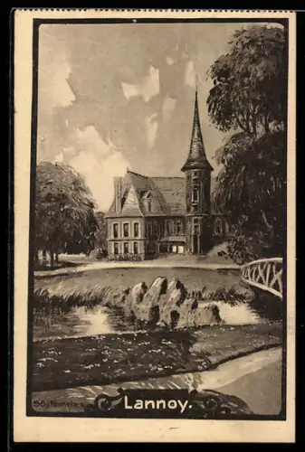 Künstler-AK Lannoy, Park mit Villa, Turm und Brücke