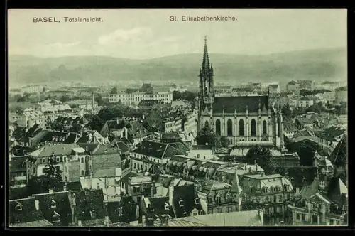 AK Basel, Totalansicht mit St. Elisabethenkirche