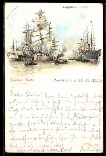 Lithographie Hamburg, Segelschiffe im Hafen