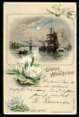 Lithographie Hamburg, Hafenpartie mit Segelschiffen und Ruderboot