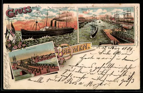 Künstler-AK Bremen, Dampfer Nordd. Lloyd, Freihafen, Weserbrücken mit Stadtpanorama