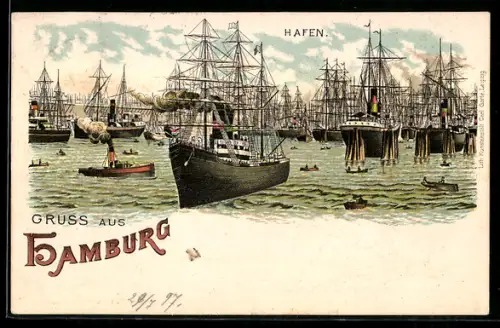 Lithographie Hamburg, Hochbetrieb im Hafen