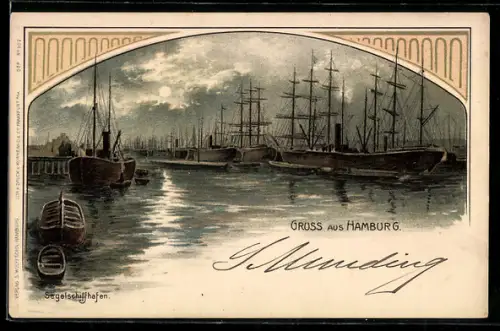 Lithographie Hamburg, Blick in den Segelschiffhafen