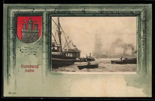 AK Hamburg, Partie am Hafen und Wappen im Passepartout