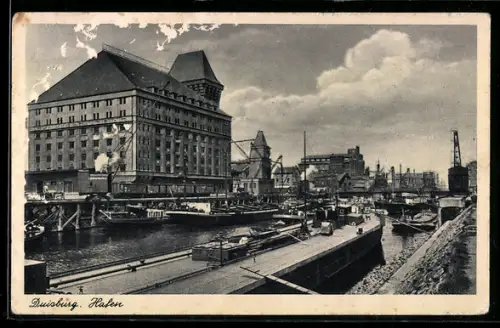 AK Duisburg, Ansicht des Hafens, Lastkähne