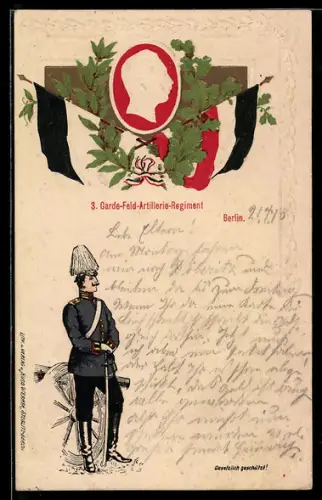 AK Berlin, Soldat in Uniform vom 3. Garde-Feld-Artillerie-Regiment, Portrait Wilhelm II. im Profil