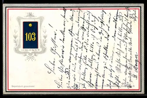 AK Schulterklappe mit Emblem des 4. K. Sächs. Inf. Reg. No. 103