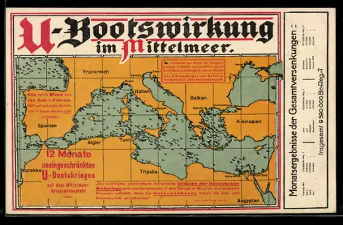 AK U-Bootswirkung im Mittelmeer, Landkarte von Europa