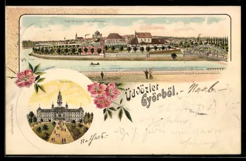 Lithographie Györ, Városház, Radó-tér és Györ uiyáros Varoshaz, Ruderboot