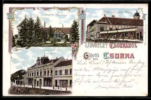 Lithographie Csorna, Villa Sugar, Kloster, Sparkasse