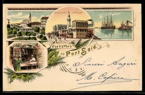AK Port Said, Village arabe, Prizaba croissant une Drague à Kantara, Neddschar, Place de Lesseps