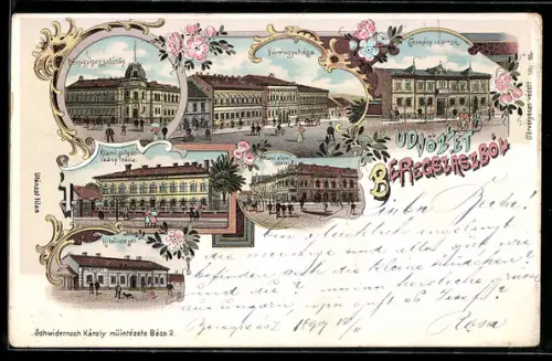 Lithographie Beregszasz, Allami polgári leány iskola, Hitelintezet, Allami elemi iskola, Termény csarnok