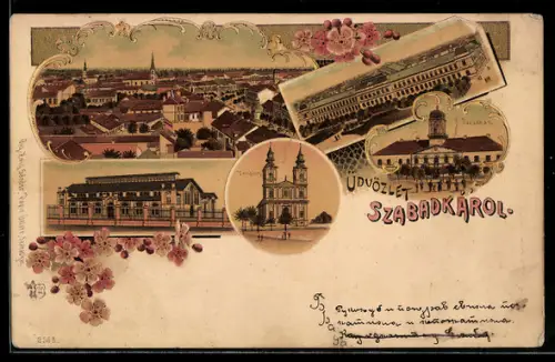 Lithographie Szabadka, Ortsansicht, Templom, Jaroshaz