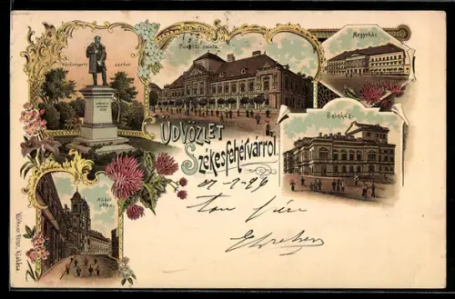 Lithographie Szekesfehervar, Szinhaz, Megyehaz, Nador utrza, Püspöki szobor, Püspöki palota