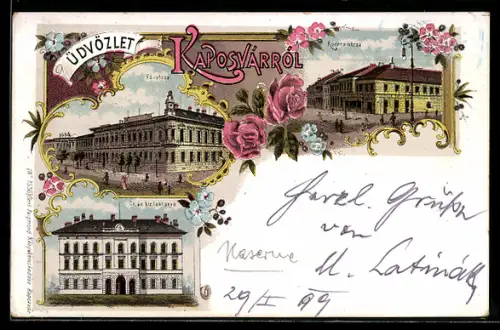 Lithographie Kaposvár, Fö-utcza, Cs. és. kir. laktanya, Korona utcza