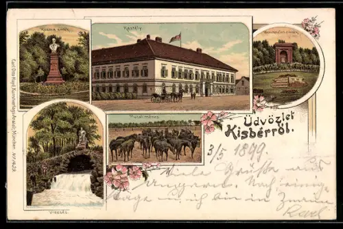 Lithographie Kisbér, Kastèly, Kozma emlék, Vizesés, Pferde