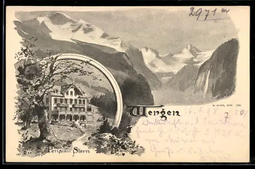 Lithographie Wengen, Pension Stern, Gebirgspanorama