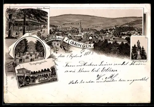 Vorläufer-Lithographie Kissingen, 1893, Rakoczy-Brunnen, Conversationsgebäude, Bismarck-Denkmal
