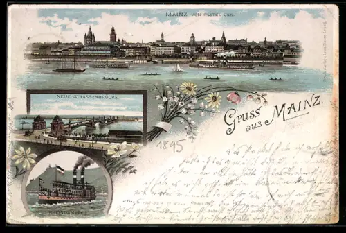 Vorläufer-Lithographie Mainz, 1895, Rheindampfer, Neue Strassenbrücke, Blick von Castel
