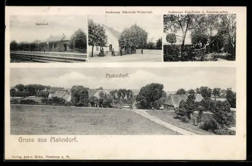 AK Mahndorf, Totalansicht, Bahnhof, Bahnhofsgasthaus von Seekamp, Kegelbahn und Sommergarten