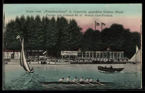 AK Berlin-Köpenick, Gasthof Wendenschloss, Bes. Emil Friedrich, Ansicht vom Wasser aus mit Ruderbooten