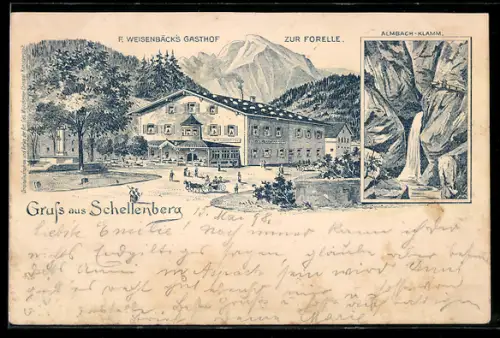 Lithographie Schellenberg / Obb., F. Weisenbäcks Gasthof zur Forelle, Almbachklamm