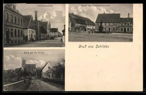 AK Schildau, Gneisenaustrasse, Markt mit Gneisenaudenkmal