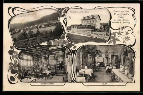 AK Oybin, Gasthaus Franz Josefs Höhe, Wintergarten und Salon, Hain mit Hochwald