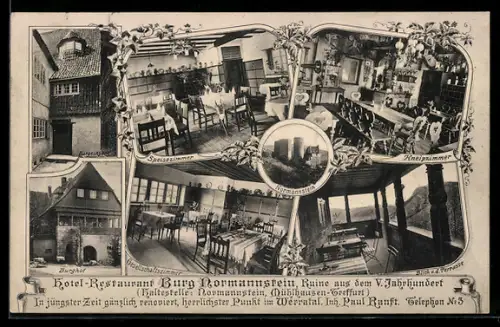 AK Treffurt, Gasthof Burg Normannstein, Inh. Paul Ranst, Kneipzimmer, Speisezimmer, Aussenansicht