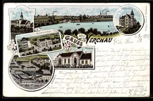 Lithographie Nerchau, Beamtenschule, Hotel Villa Hessel, Kirche