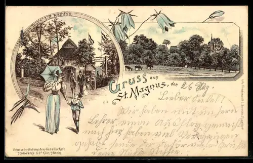 Lithographie St. Magnus, Passanten vor Gathaus Im grünen Thal v. J. B. Rothfos
